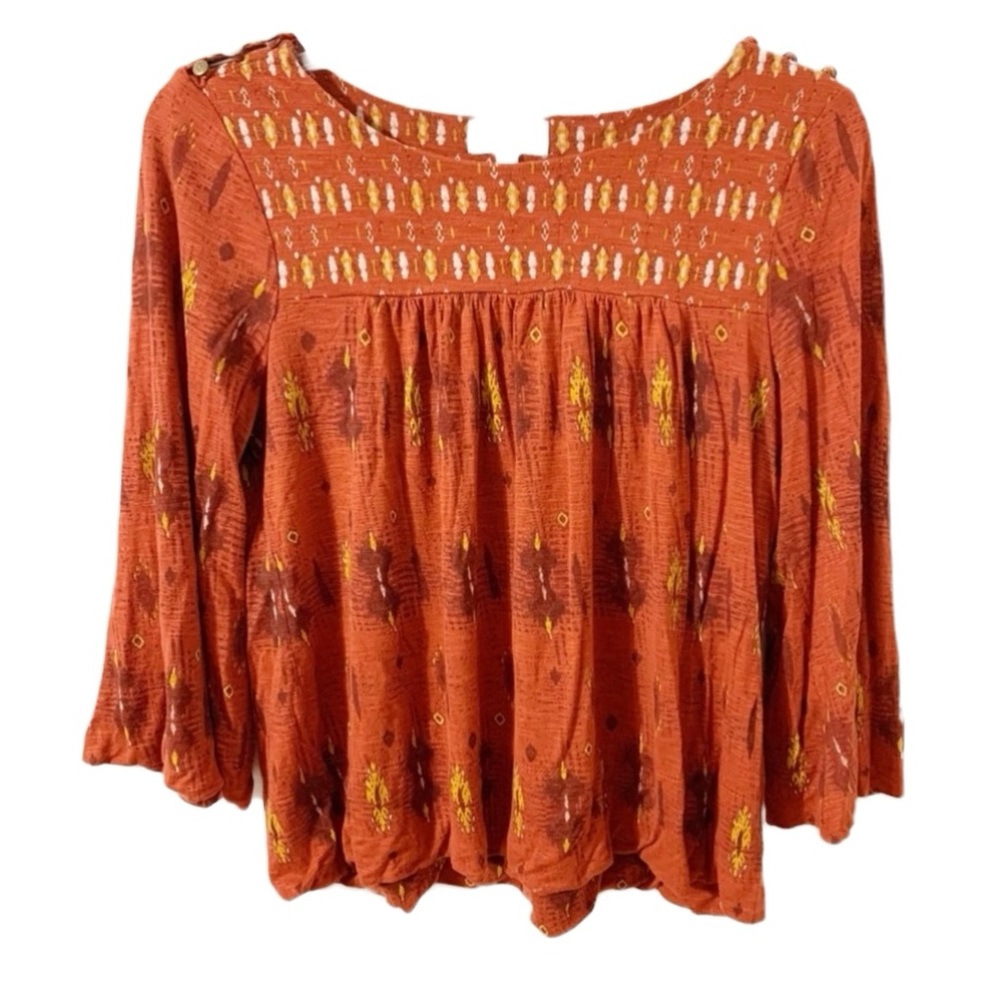 Lucky Brand Boho Print Viscose Blouse Scoop Neckline 3/4 Bell Sleeves Buttons
